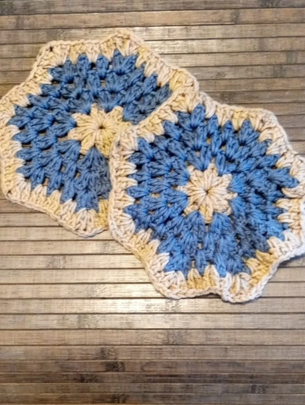 Vintage Handmade Blue and Cream Crochet Pot Holders - Set of